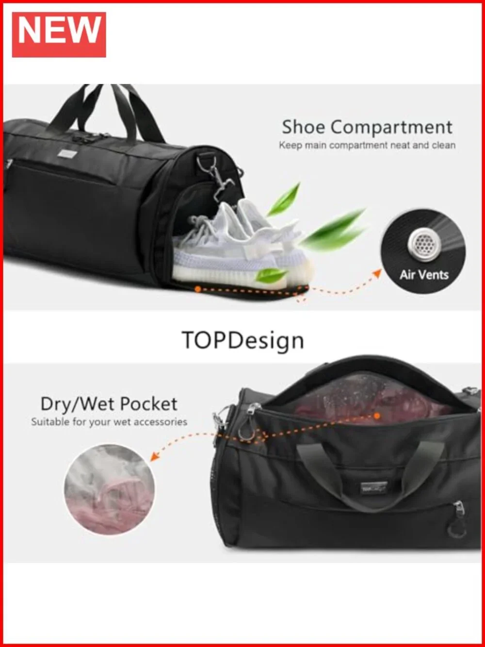Unisex Duffel Bag with Shoe Compartment & Wet Pocket for Travel Sports Gym